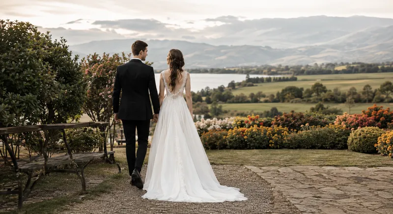 Bride and groom overlooking a countryside landscape.