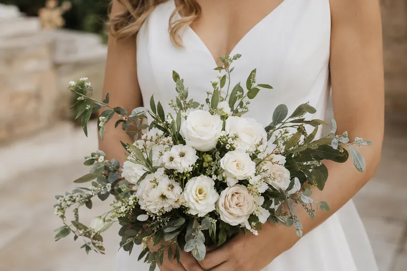 Bride holding a white floral bouquet.